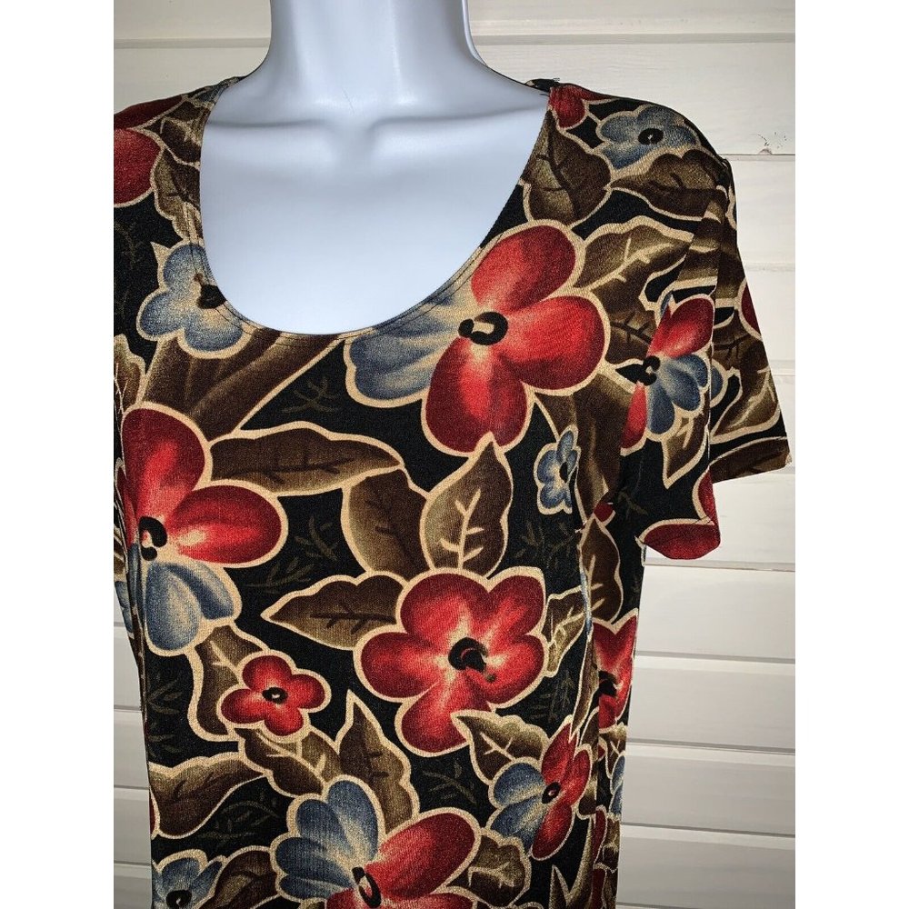 VTG Janana’s Sz ?? (See Meas) Red Khaki Floral Slinky Pullover Tunic Stretch EUC